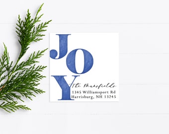 Joy Christmas Return Address Label Printable, Holiday Mailing Label Personalized, Watercolor Christmas Sticker Blue - WH224