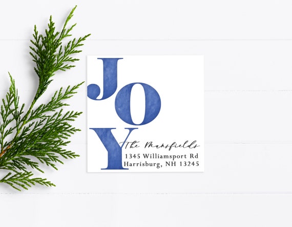 Joy Christmas Return Address Label Printable, Holiday Mailing Label Personalized, Watercolor Christmas Sticker Blue - WH224 Il_570xn