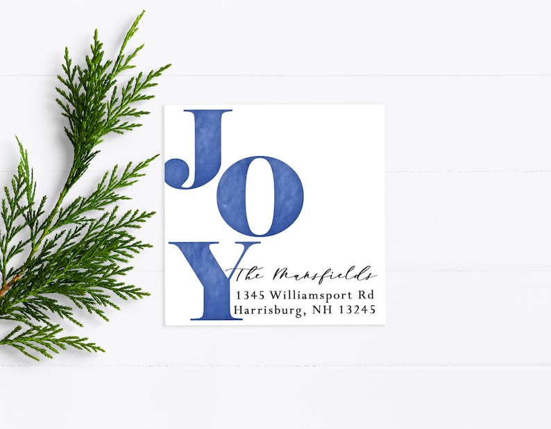 Joy Christmas Return Address Label Printable WH224 Watercolor Christmas Sticker Blue Holiday Mailing Label Personalized
