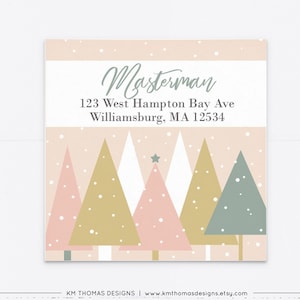 Holiday Address Label Sticker Printable, Christmas Return Address Label Square, Winter Trees Pink, WH116 Pink/Green