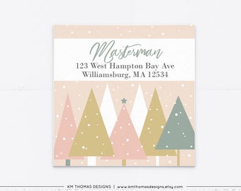 Holiday Address Label Sticker Printable, Christmas Return Address Label Square, Winter Trees Pink, WH116