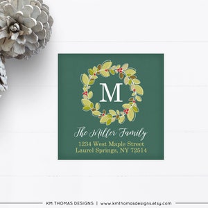 Christmas Return Address Label Printable, Square Holiday Label Wreath, Monogram Initial Green, WH105 image 9