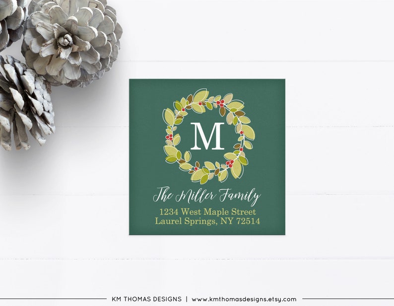 Christmas Return Address Label Printable, Square Holiday Label Wreath, Monogram Initial Green, WH105 image 9