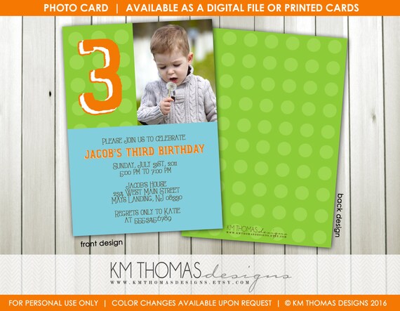 Personalized Polka Dot Photo Birthday Invitation : 3rd Birthday Photo Invitation - Polka Dot Boy Birthday Invite - Green and Blue - BD148 Il_570xn