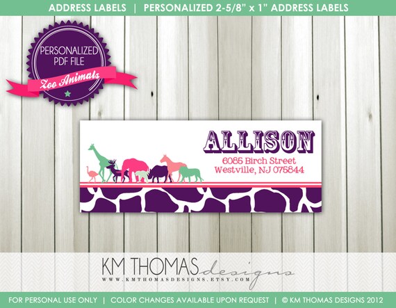 Zoo Animal Return Address Label - Safari Return Address Label - Girl Zoo Address Label - Jungle Animal Return Address Label - Purple - BD107 Il_570xn