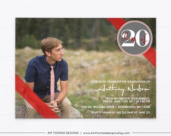 College Graduation Announcement Class of 2024, High School Graduation Party Invitation Red Gray, GR103