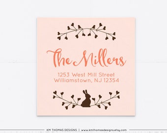 Easter Bunny Return Address Labels Pink, Easter Return Sticker Square, EA101