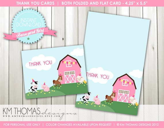 INSTANT DOWNLOAD - Barnyard Girl: Farm Animal Thank You Cards - Flat & Folded Cards - Item 115 Il_570xn