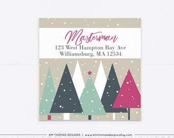 Return Address Label Sticker Christmas, Square Holiday Address Label with Trees, WH116