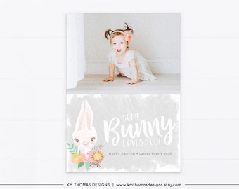 Easter Card with Bunny, Watercolor Easter Photo Card Gray, EA106