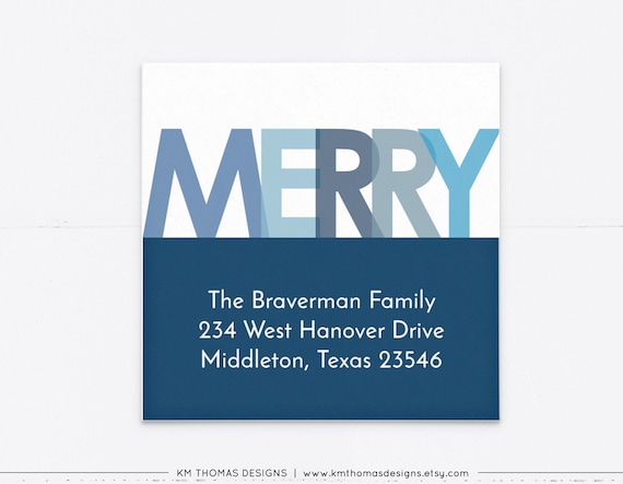 Blue Holiday Return Address Label Printable, Square Christmas Address Label Merry, WH108 Il_570xn