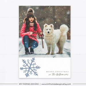 Cartão de Natal com foto para impressão com floco de neve, cartão de férias com foto personalizada, cartão de floco de neve azul, WH128