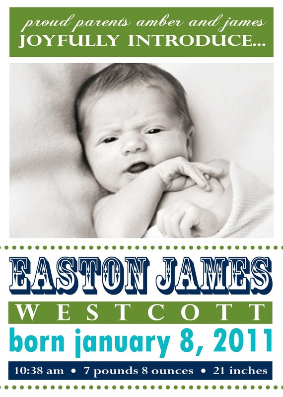 Photo Birth Announcement for Boy, Baby Boy Announcement, Printable Boy Baby Announcement, Vintage Font Style, Personalized, Blue, BA112 Il_570xn