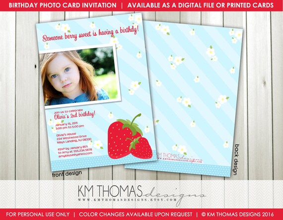 Strawberry Photo Birthday Invitation - Printable Girl Birthday Invitation - Strawberry Theme Birthday Invitation - Girl Photo Invite - BD123 Il_570xn