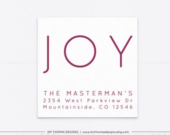 Square Christmas Return Address Label, Family Holiday Mailing Label Personalized, Purple Joy Address Sticker, WH214