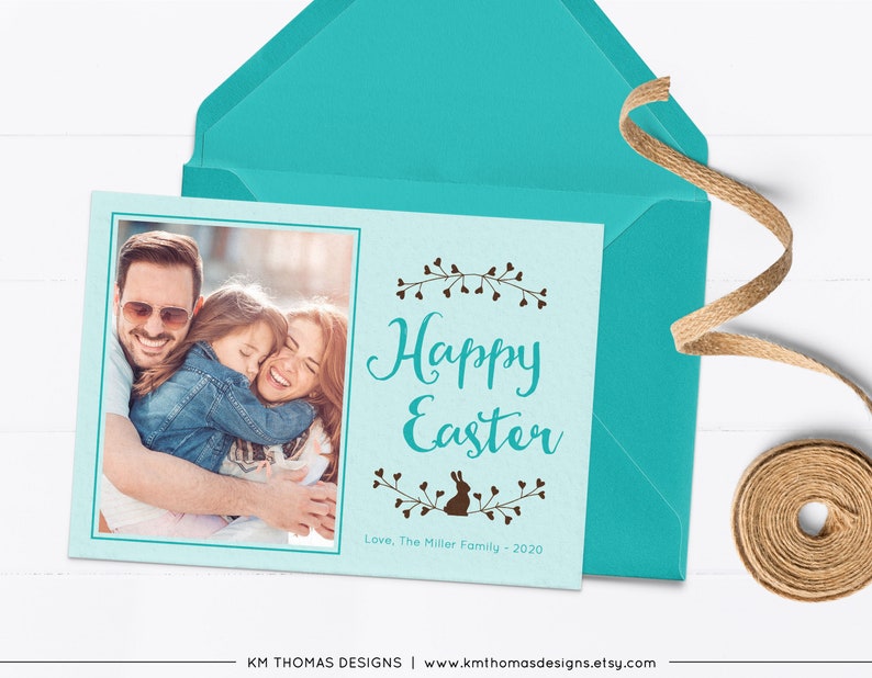 Bunny Easter Card with Photo, Personalized Picture Card Pink, EA101 Teal