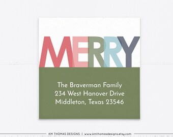 Merry Return Address Label Square, Printable Holiday Address Label Green, WH108