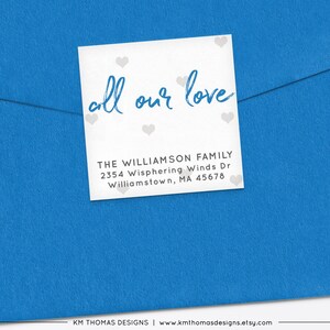 Blue All Our Love Return Address Label with Hearts, Printable Valentine Return Mail Sticker, VA102 image 3