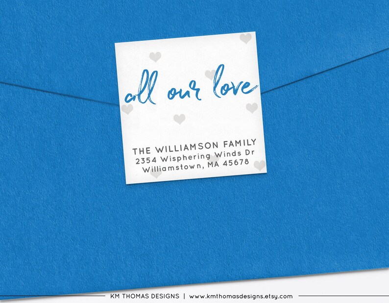 Blue All Our Love Return Address Label with Hearts, Printable Valentine Return Mail Sticker, VA102 image 3