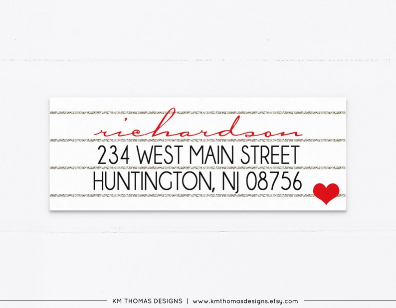 Printable Return Address Label Christmas, Rectangle Personalized Address Label with Red Heart, WH109 image 1