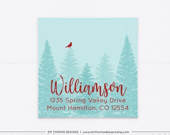 Christmas Tree Return Address Label, Printable Holiday Address Label Square, Winter Forest with Red Bird Sticker, WH151