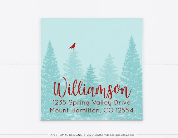 Christmas Tree Return Address Label, Printable Holiday Address Label Square, Winter Forest with Red Bird Sticker, WH151 Il_570xn