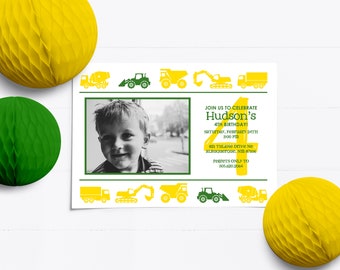 Green and yellow tractor invitation with photo, Construction birthday invitations, Invite for boys with trucks, Backhoe, Excavator BD112