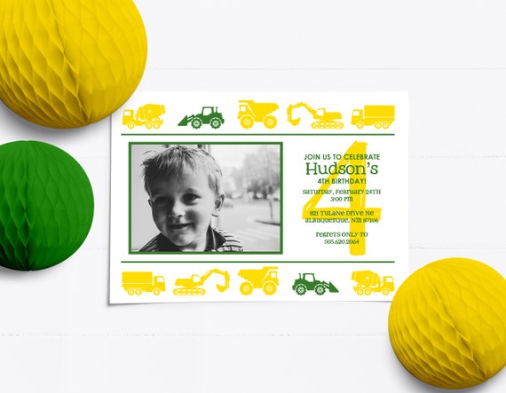 Green and yellow tractor invitation with photo, Construction birthday invitations, Invite for boys with trucks, Backhoe, Excavator BD112 Il_570xn