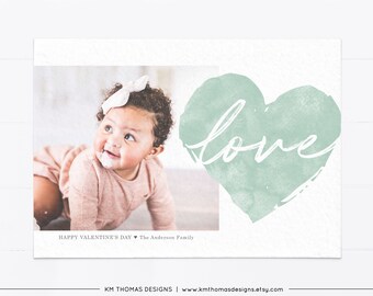 Love Valentines Day Card with Photo, Green Printable Valentine Photo Card with Heart, VA103
