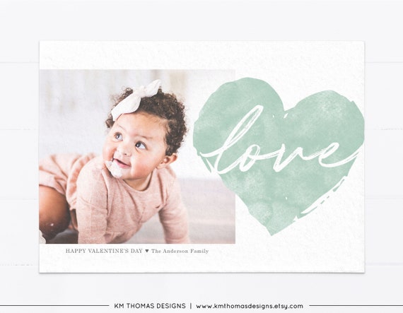 Love Valentines Day Card with Photo, Green Printable Valentine Photo Card with Heart, VA103 Il_570xn