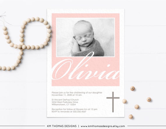 Girl Baptism Photo Invitation Printable, Personalized Baby Dedication for Girl, Christening Invite Pink, R103 Il_570xn