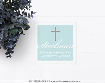 Printable Religious Return Address Label, Personalized Address Label for Baptism Invite, Custom Blue Label, R103