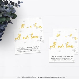 Blue All Our Love Return Address Label with Hearts, Printable Valentine Return Mail Sticker, VA102 Yellow