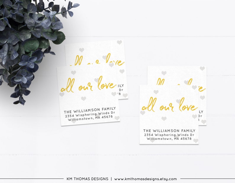 Blue All Our Love Return Address Label with Hearts, Printable Valentine Return Mail Sticker, VA102 Yellow