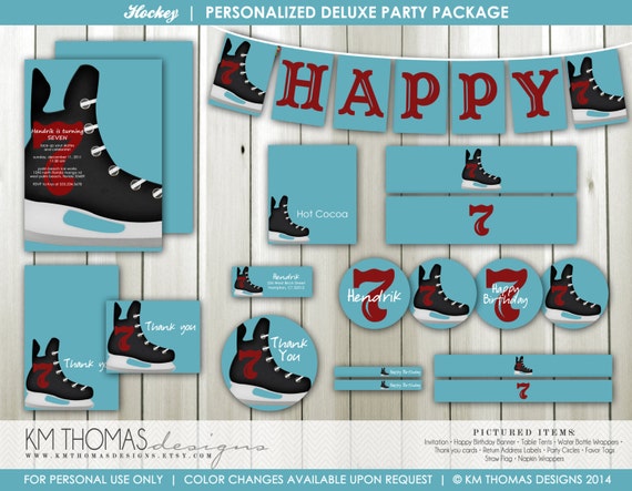 Hockey Printable Party Package : Boy's Hockey Theme Party - Personalized Birthday Decorations - Ice Skate - Blue - Item BD114 Il_570xn