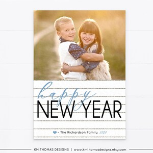 Gelukkig Nieuwjaar fotokaart afdrukbare, gepersonaliseerde vakantiefotokaart met blauwgroen hart, glitterstrepen, WH109