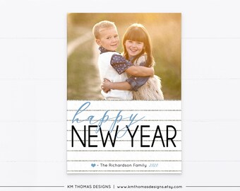 Happy New Year Photo Card Printable, Personalized Holiday Photo Card with Teal Heart, Glitter Stripes, WH109