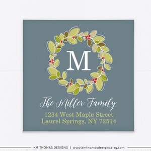 Holiday Return Address Label Printable, Winter Mailing Label Wreath, Blue Background, WH105