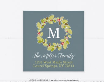 Holiday Return Address Label Printable, Winter Mailing Label Wreath, Blue Background, WH105