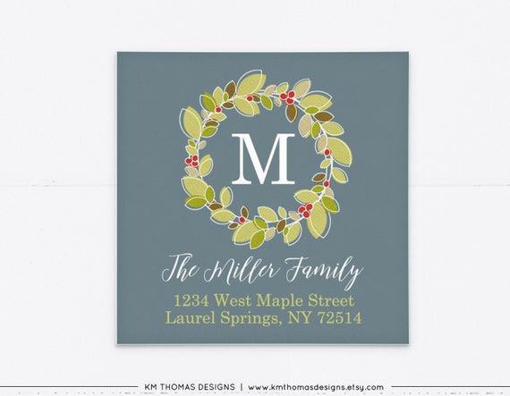 Holiday Return Address Label Printable, Winter Mailing Label Wreath, Blue Background, WH105 Il_570xn