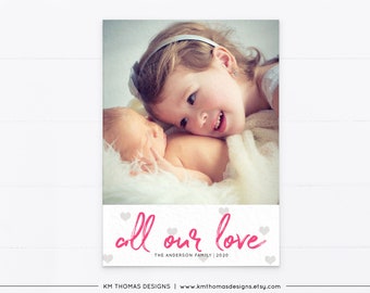 Pink Valentines Day Card with Photo, All Our Love Card with Hearts, VA102