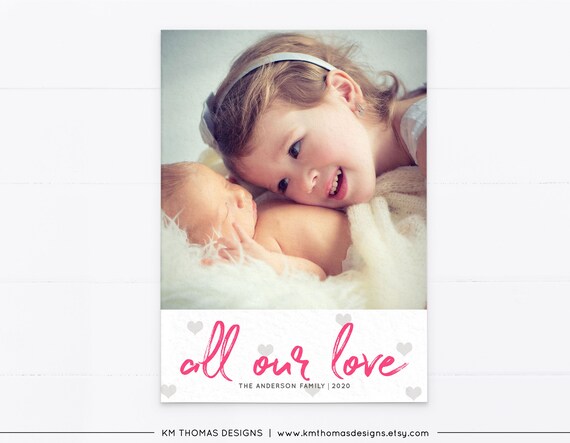Pink Valentines Day Card with Photo, All Our Love Card with Hearts, VA102 Il_570xn