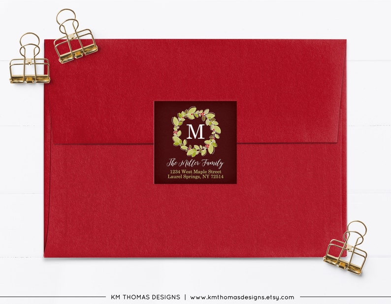 Christmas Return Address Label Printable, Square Holiday Label Wreath, Monogram Initial Green, WH105 Burgundy