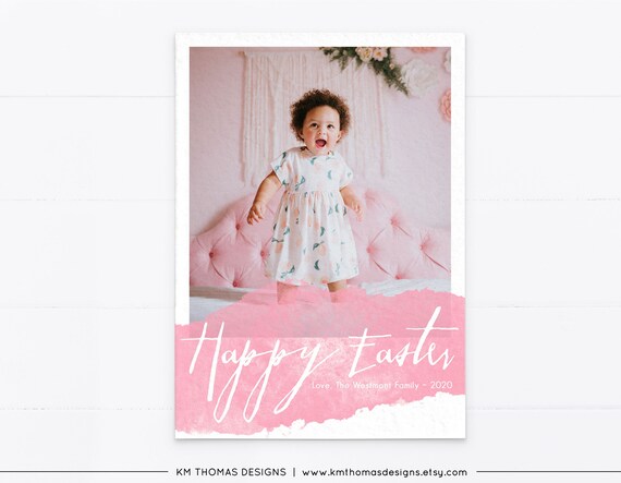 Watercolor Easter Card with Photo, Pink Printable Photo Card Personalized, EA103 Il_570xn