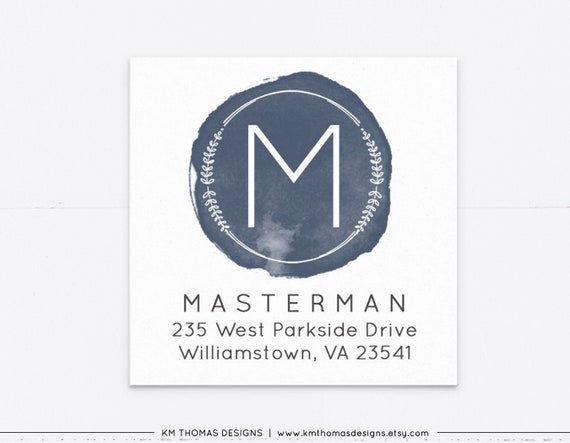 Christmas Return Address Label Printable, Square Winter Address Label, Wreath Monogram Family Address Sticker Navy, WH213 Il_570xn