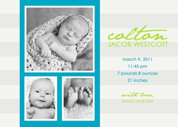 Boy Photo Birth Announcement - Birth Announcement - Printable Baby Announcement - Photo Baby Announcement Card - Blue Announcement - BA103 Il_570xn