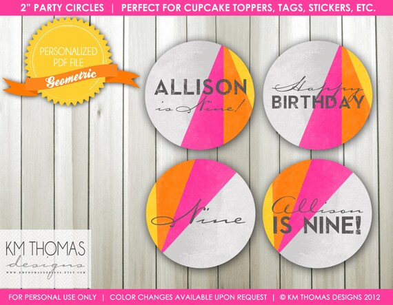 Geometric Party Circles: Personalized, 2 inch Party Circles, Cupcake Toppers, Birthday Decorations, Party Decor, #183 Il_570xn