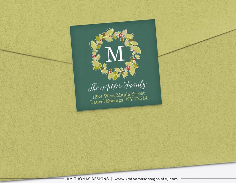 Christmas Return Address Label Printable, Square Holiday Label Wreath, Monogram Initial Green, WH105 image 3