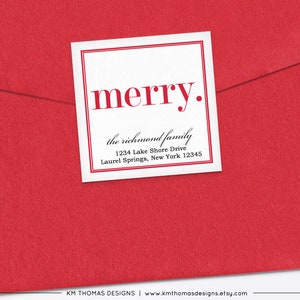 Merry Return Address Label Christmas, Holiday Mailing Sticker Printable, Square Red Label Personalized WH107 image 3