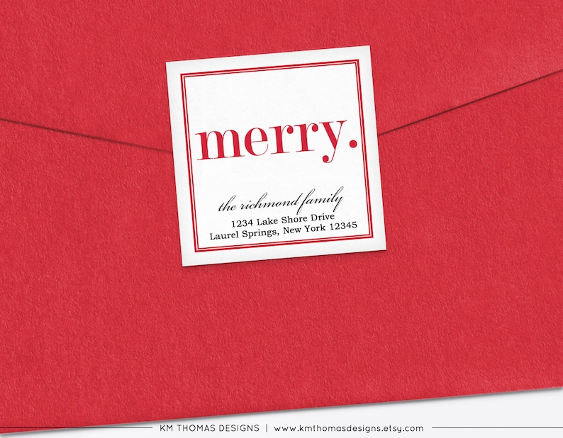 Merry Return Address Label Christmas, Holiday Mailing Sticker Printable, Square Red Label Personalized WH107 image 3